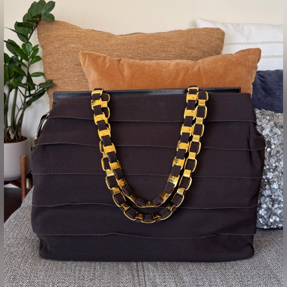 Salvatore Ferragamo Vintage Brown Tote with Gold Chain-Link Straps - Picture 2 of 16